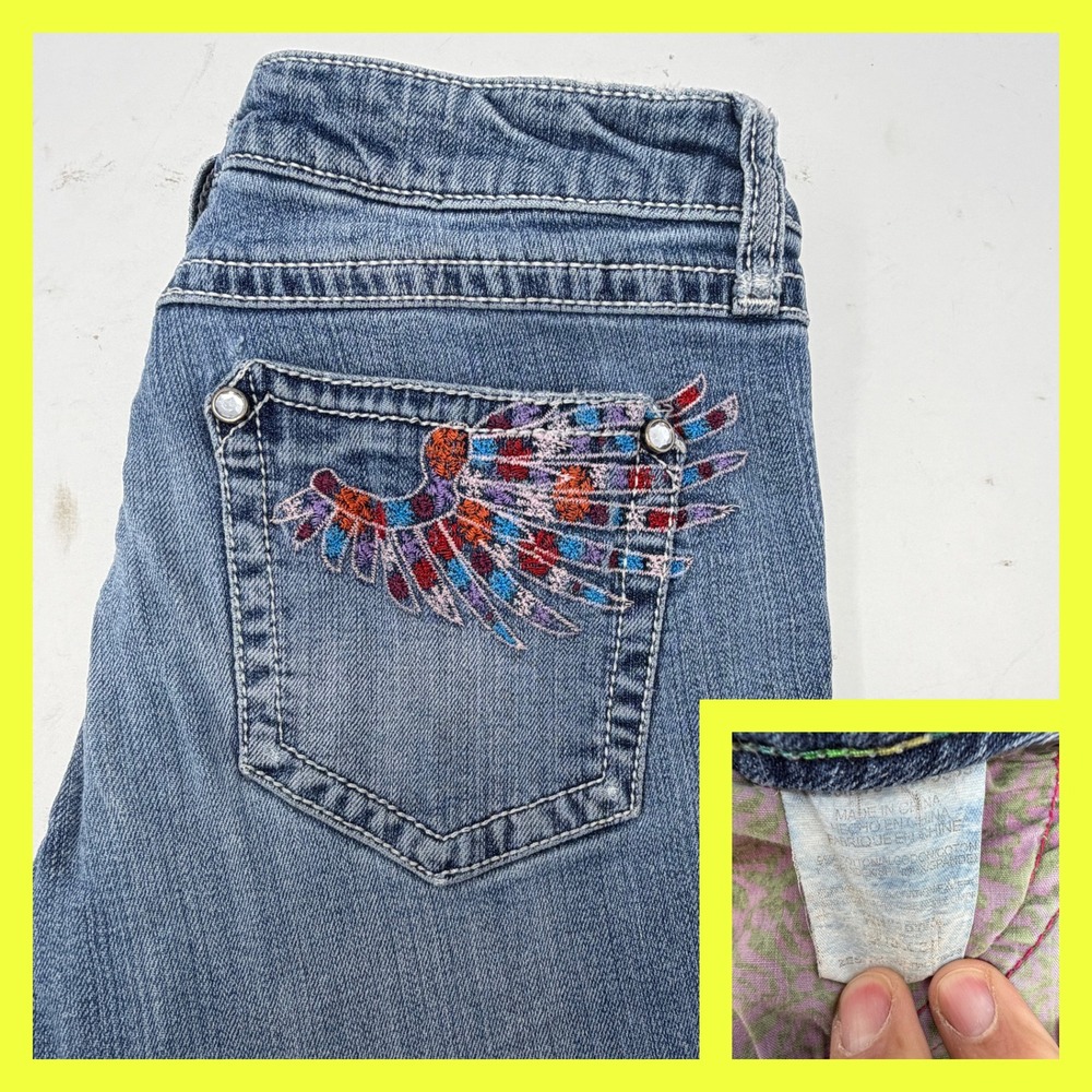 Rock 47 Wrangler Jeans Womens 9/10 Blue Ultra Low Rise Embroidered Wing Bootcut